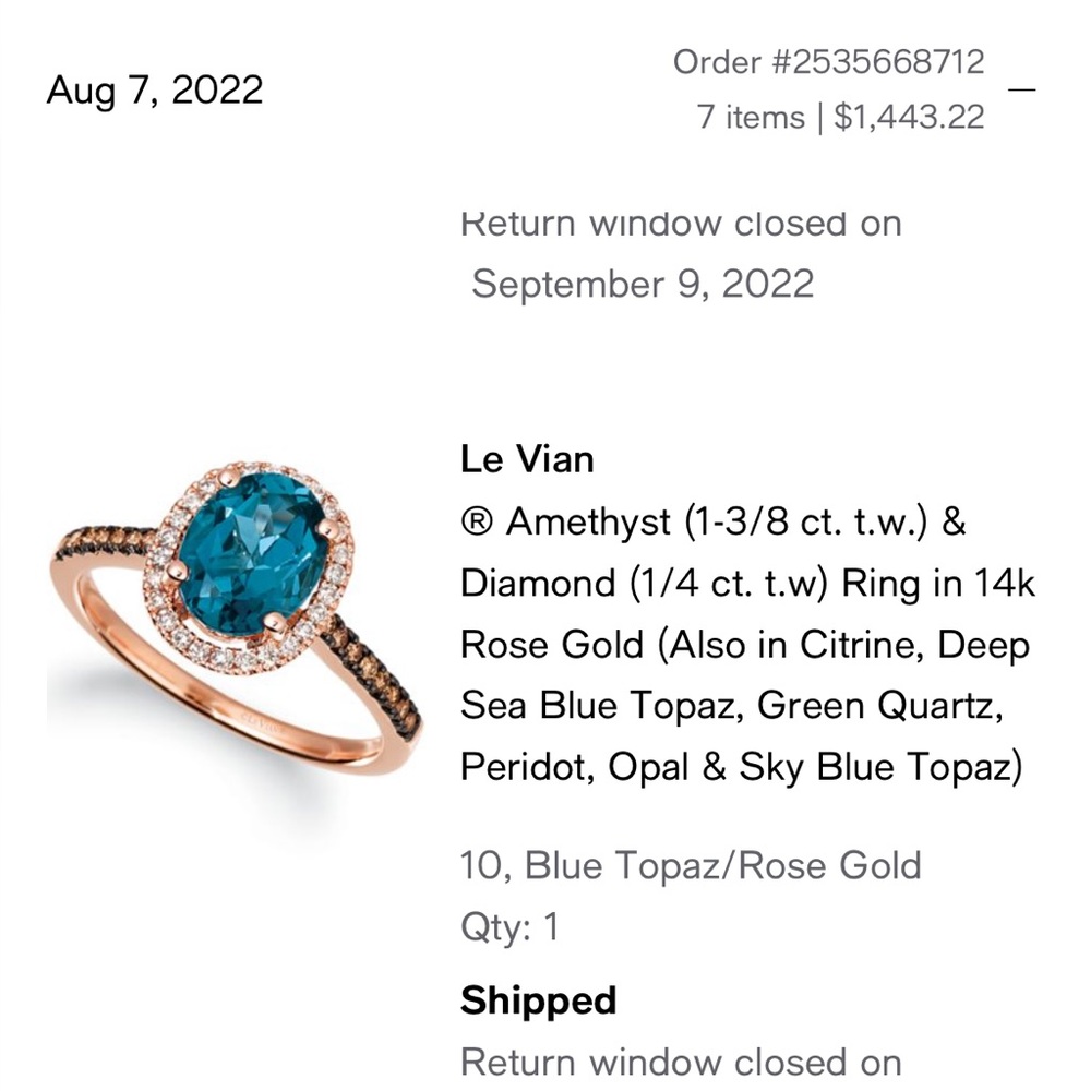LeVian Blue Topaz and Chocolate Diamonds Rose Gold Ring Size 10
